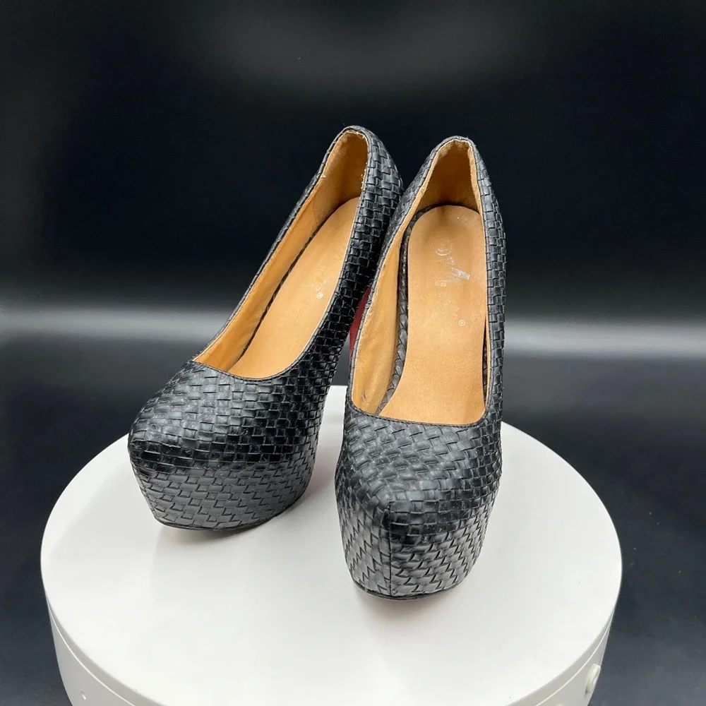 Black Weaved Platform Machi Heels with Red Bottoms - Picture 3 of 4